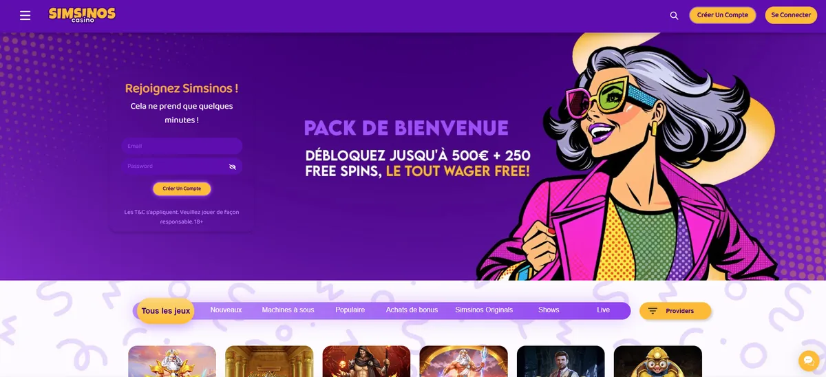 Page d'accueil du casino en ligne Simsinos